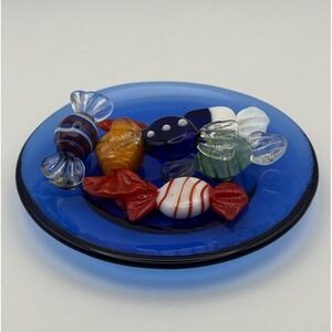 Vintage Murano Style Blown Glass Mini Candies Art Deco Cobalt Blue Plate 3.75"
